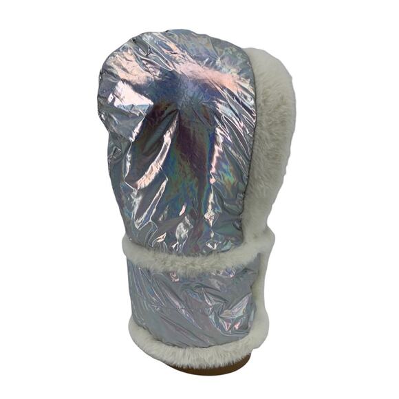 DKNY Logo Detached Puffer Hood Iridescent Metallic Shell + Faux Fur Lined Hat - Picture 6 of 15